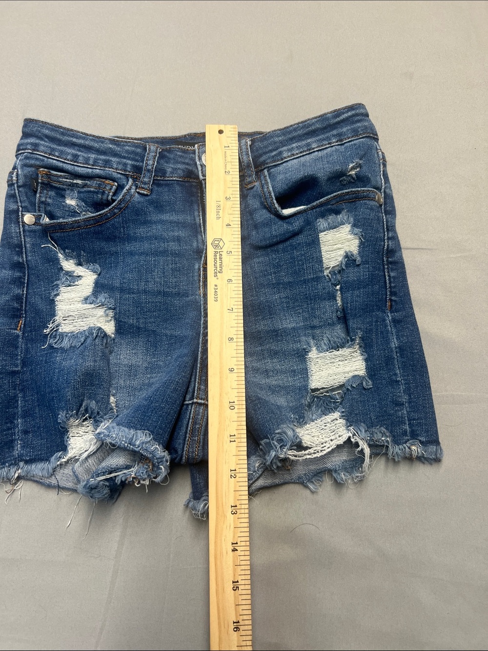 Judy Blue Distressed Mid-Blue Frayed Hem Jean Shorts - Picture 5 of 5